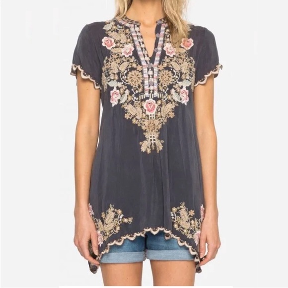 Johnny Was Floral Embroidered Blush Talum‎ Blouse Tunic Top Graphite Steel Gray - Picture 5 of 12
